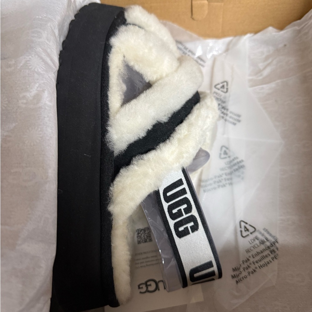 UGG Black and Cream Fluffy Slippers